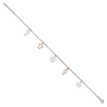 Sterling Silver Rose-Tone Seashore Dangles 9In Plus 1In Ext. Anklet