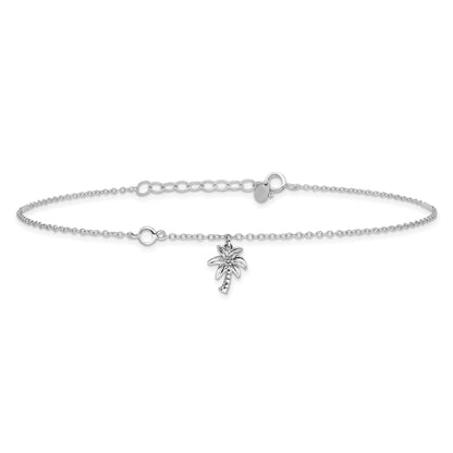 Sterling Silver Rhodium-Plated Cz And Palm Tree 9In Plus 1In Ext. Anklet