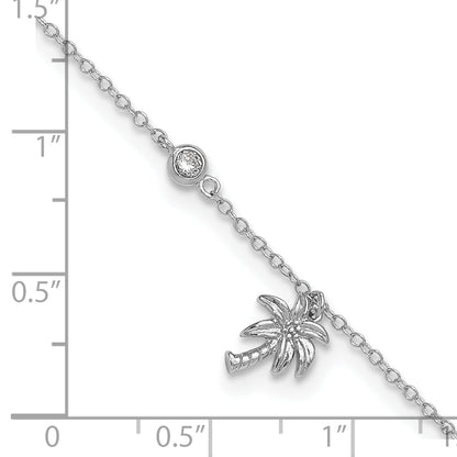 Sterling Silver Rhodium-Plated Cz And Palm Tree 9In Plus 1In Ext. Anklet