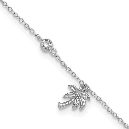 Sterling Silver Rhodium-Plated Cz And Palm Tree 9In Plus 1In Ext. Anklet