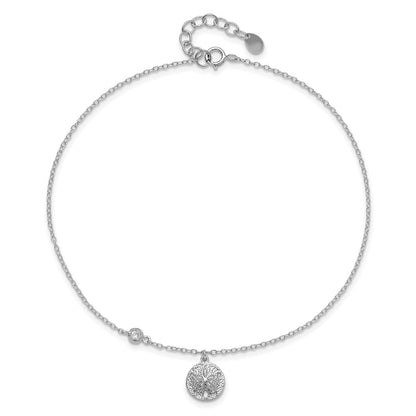 Sterling Silver Rhodium-Plated Cz And Sand Dollar 9In Plus 1In Ext. Anklet