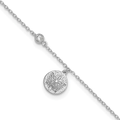 Sterling Silver Rhodium-Plated Cz And Sand Dollar 9In Plus 1In Ext. Anklet