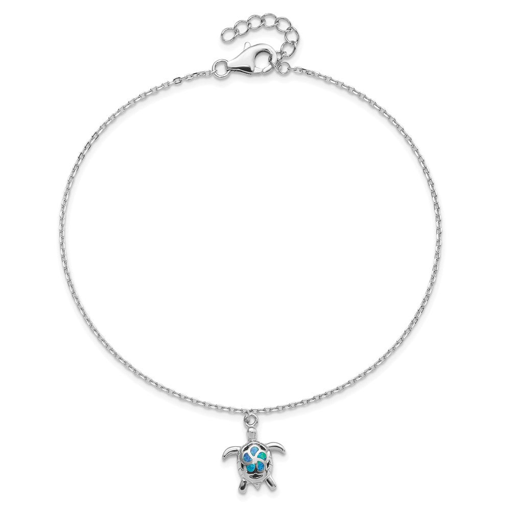 Sterling Silver Rhodium-Plated Polished Created Opal Turtle 9 Inch With A 1 Extention Anklet