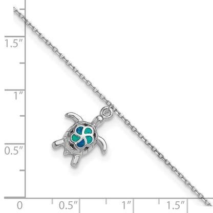 Sterling Silver Rhodium-Plated Polished Created Opal Turtle 9 Inch With A 1 Extention Anklet