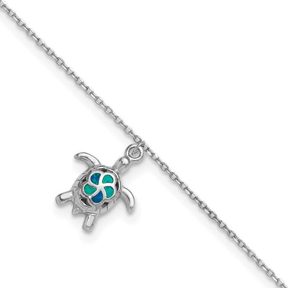 Sterling Silver Rhodium-Plated Polished Created Opal Turtle 9 Inch With A 1 Extention Anklet