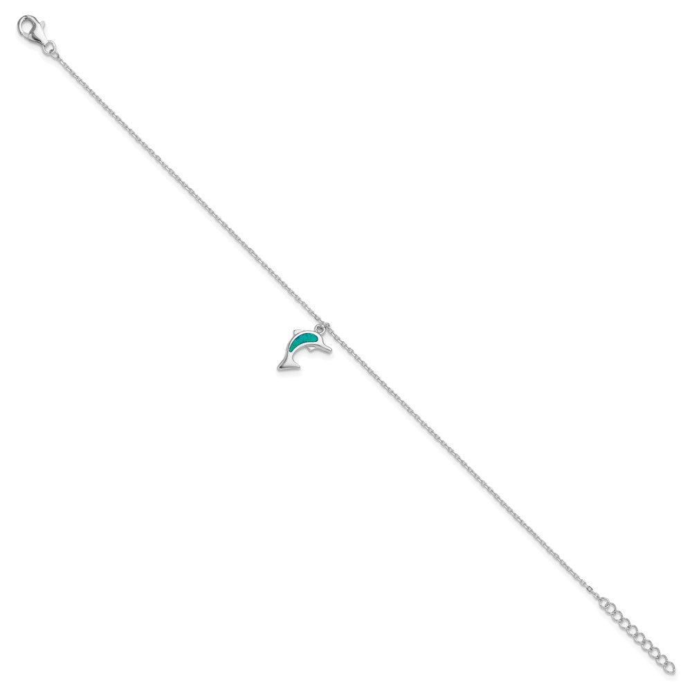 Sterling Silver Rhodium-Plated Created Opal Dolphin 9 Inch With An 1 Extention Anklet