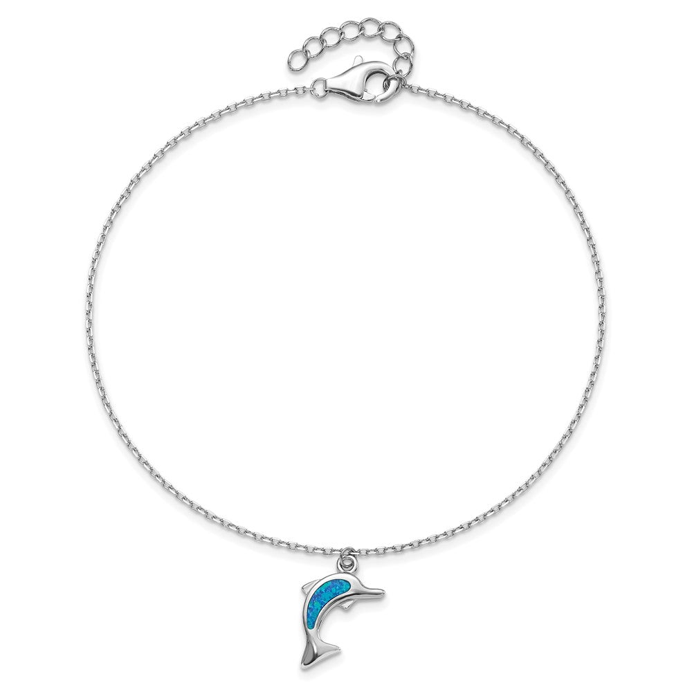 Sterling Silver Rhodium-Plated Created Opal Dolphin 9 Inch With An 1 Extention Anklet