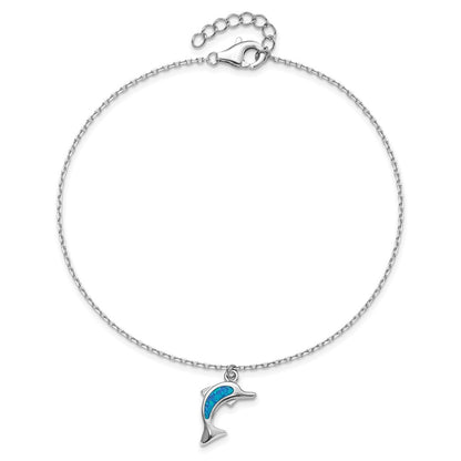Sterling Silver Rhodium-Plated Created Opal Dolphin 9 Inch With An 1 Extention Anklet