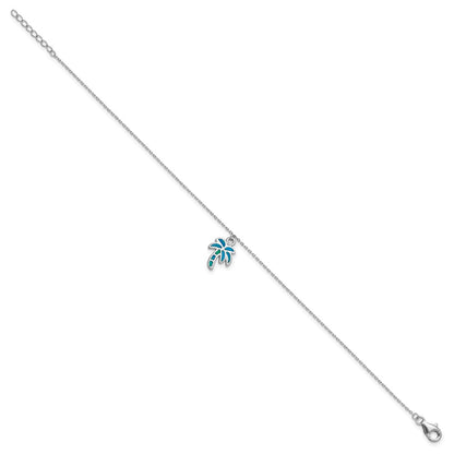 Sterling Silver Rhodium-Plated Created Opal Palm Tree 9 Inch With A 1 Extention Anklet