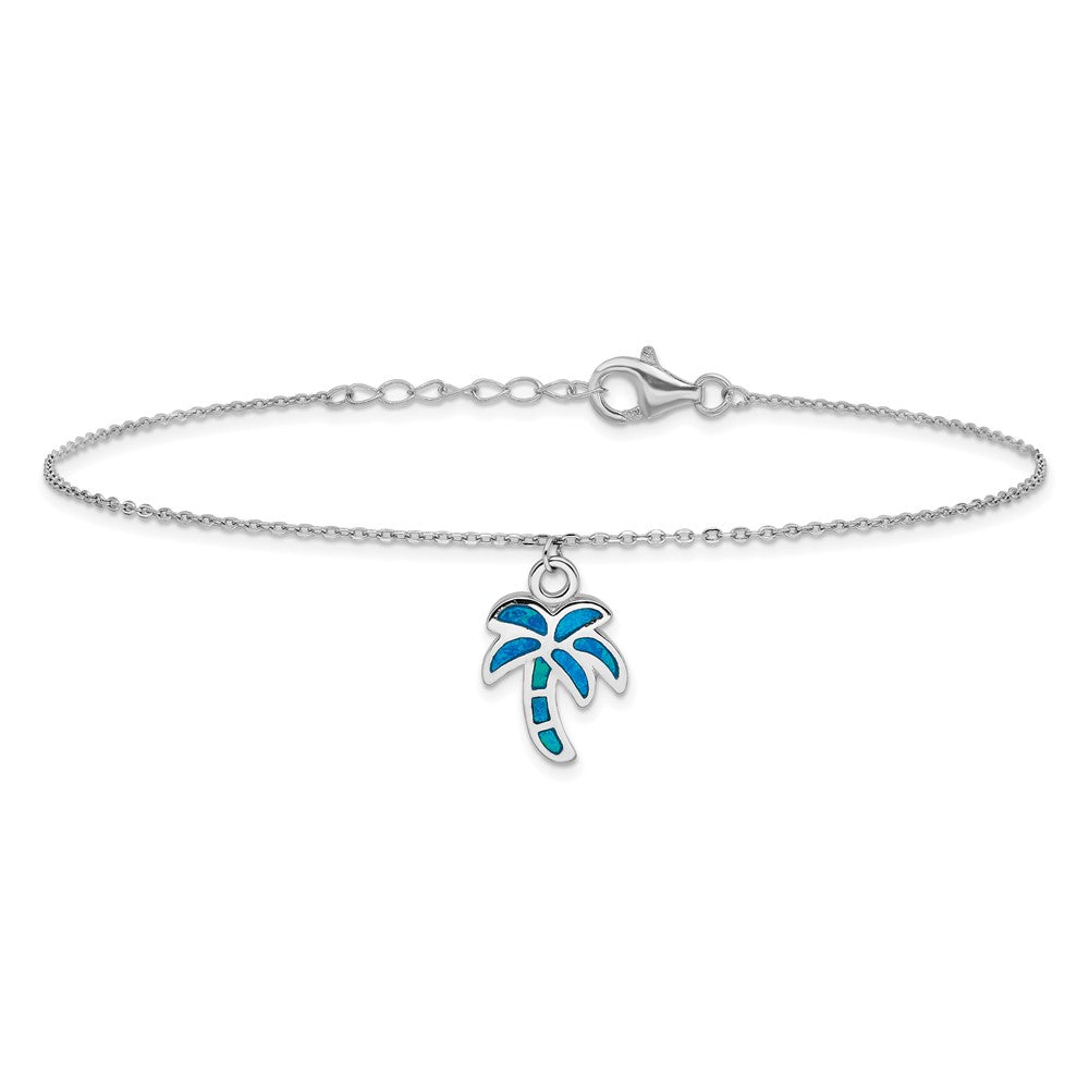 Sterling Silver Rhodium-Plated Created Opal Palm Tree 9 Inch With A 1 Extention Anklet