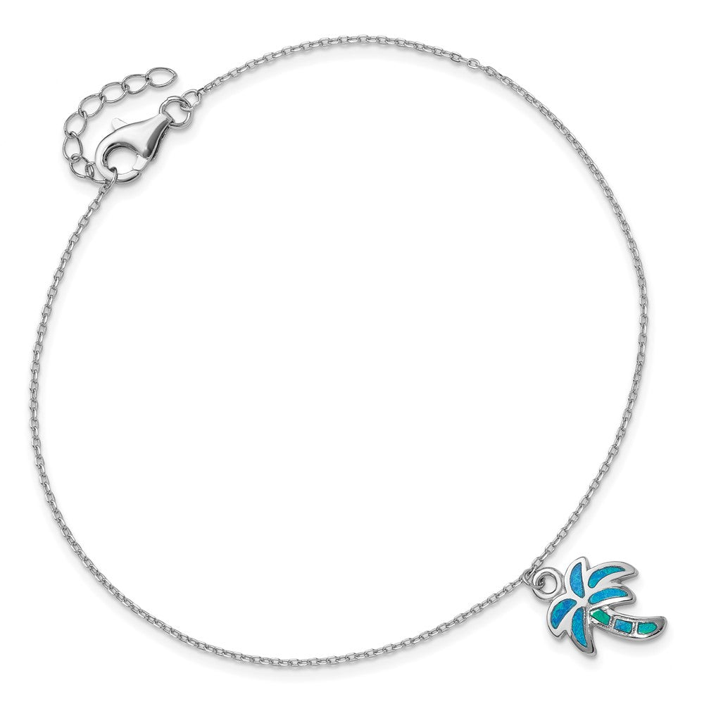 Sterling Silver Rhodium-Plated Created Opal Palm Tree 9 Inch With A 1 Extention Anklet