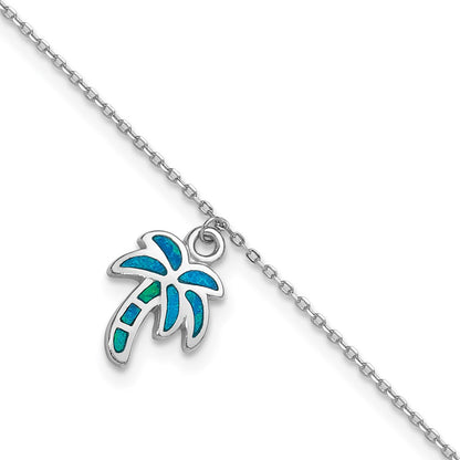 Sterling Silver Rhodium-Plated Created Opal Palm Tree 9 Inch With A 1 Extention Anklet