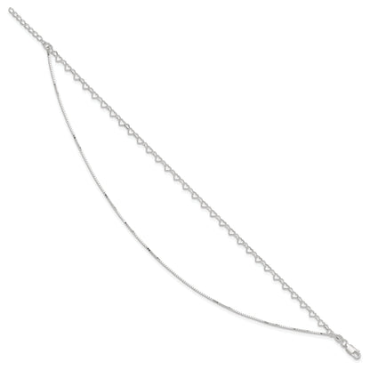 Sterling Silver Polished Double Strand Hearts 9In Plus 1In Ext Anklet