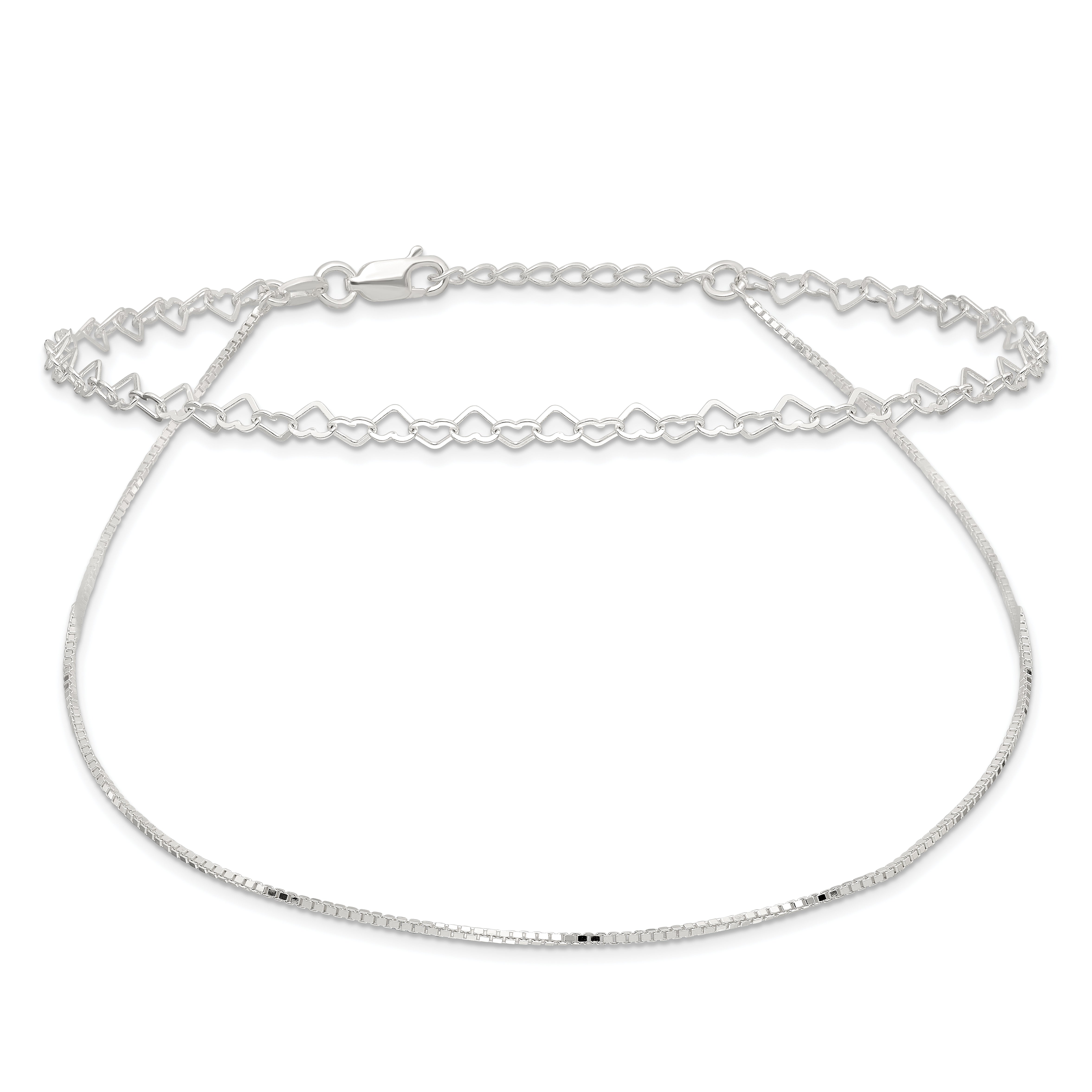 Sterling Silver Polished Double Strand Hearts 9In Plus 1In Ext Anklet