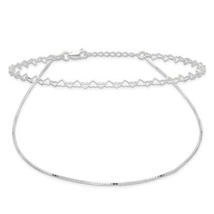 Sterling Silver Polished Double Strand Hearts 9In Plus 1In Ext Anklet