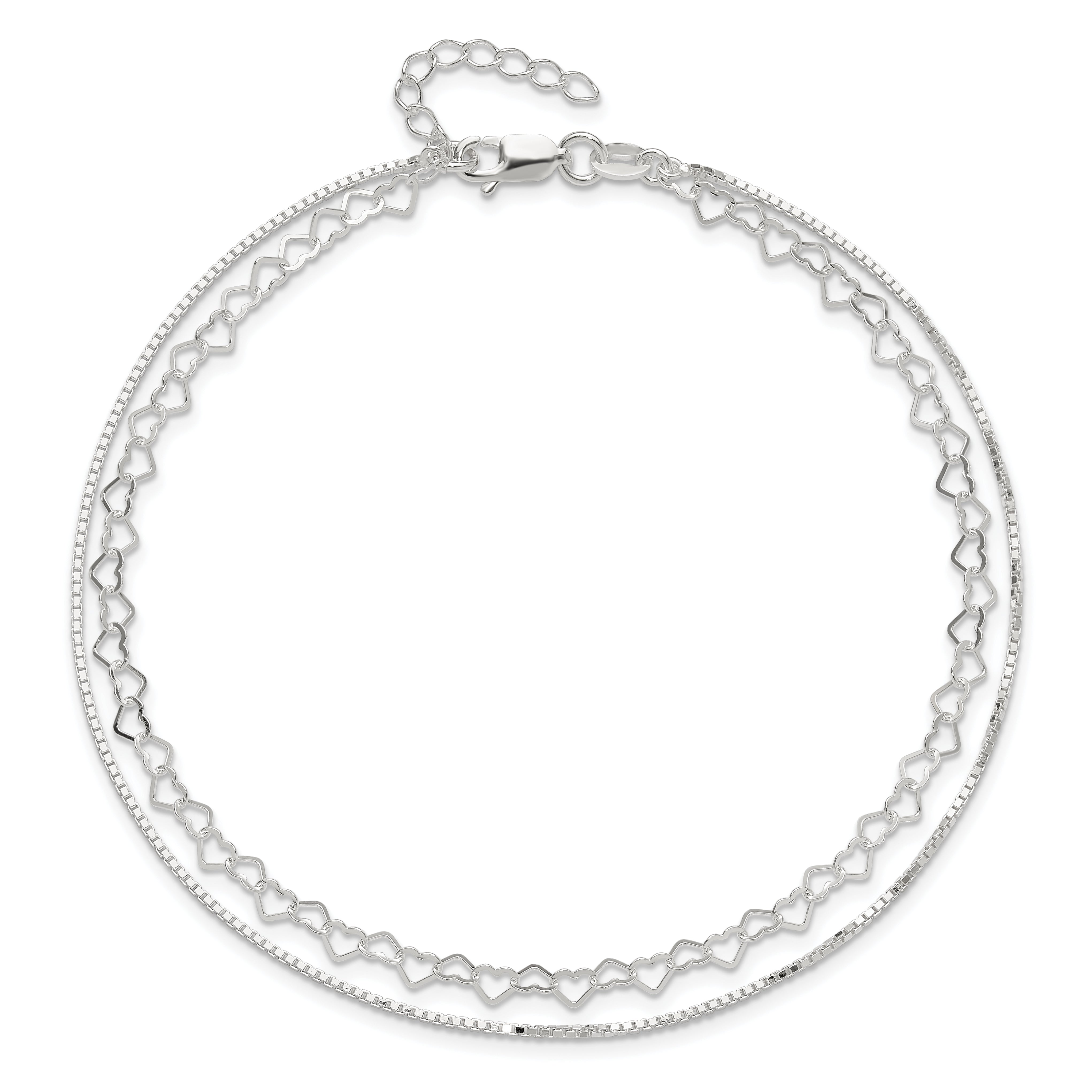 Sterling Silver Polished Double Strand Hearts 9In Plus 1In Ext Anklet