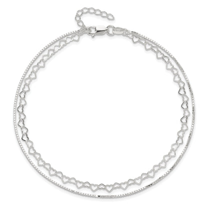 Sterling Silver Polished Double Strand Hearts 9In Plus 1In Ext Anklet