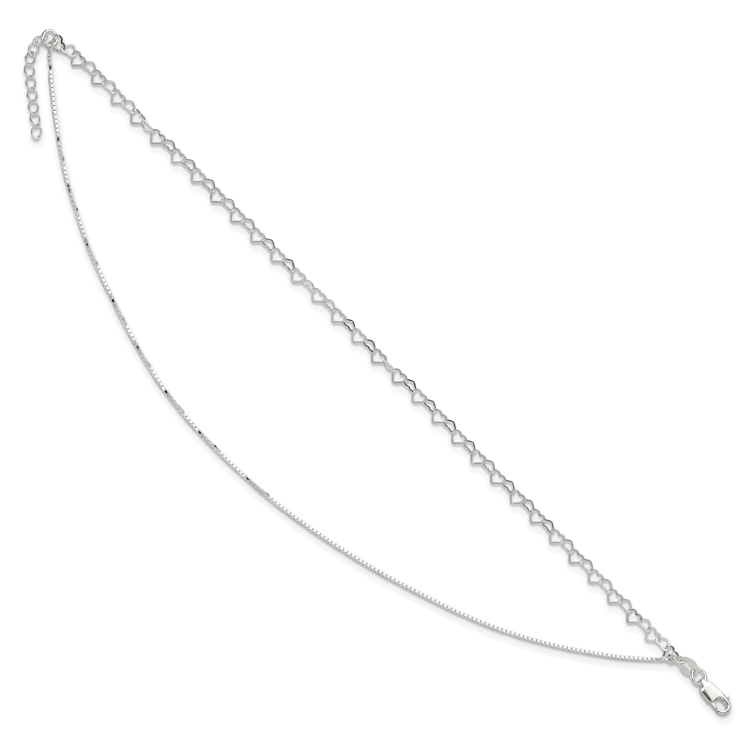 Sterling Silver Polished Double Strand Hearts 9In Plus 1In Ext Anklet