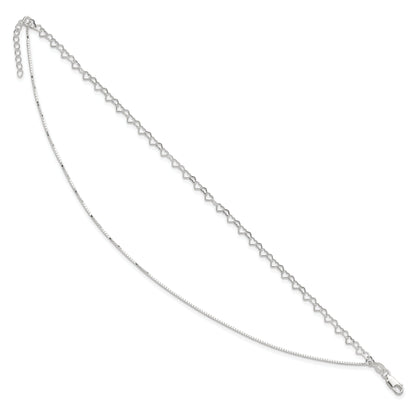 Sterling Silver Polished Double Strand Hearts 9In Plus 1In Ext Anklet