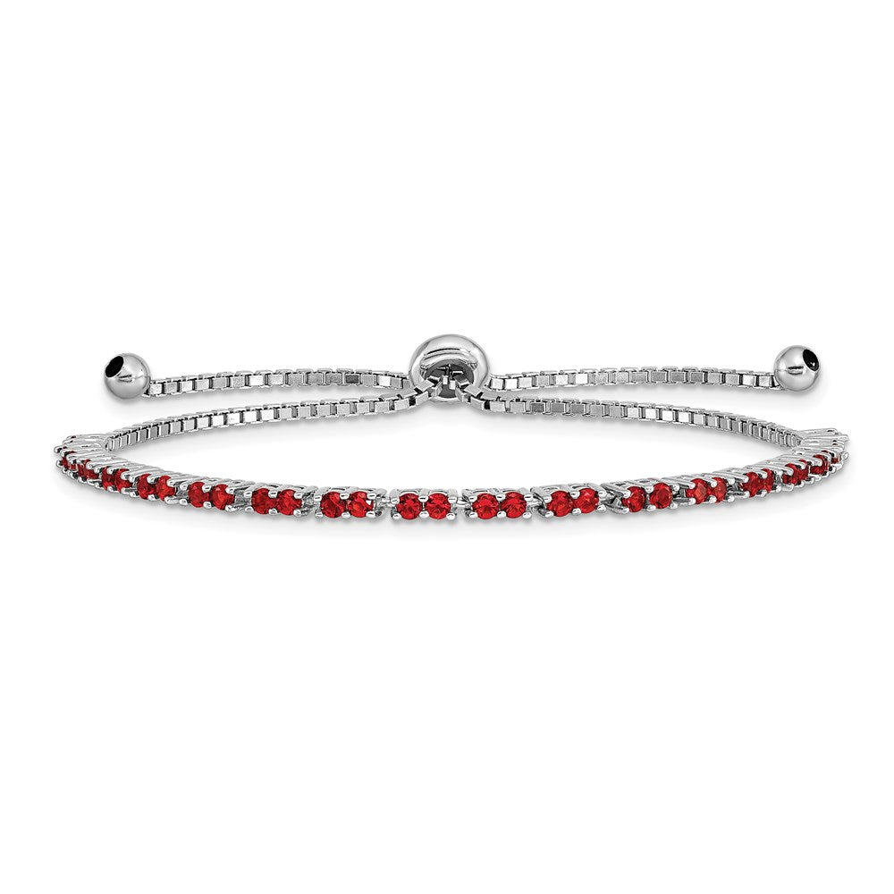 Sterling Silver Rhodium Plated July Red Cz Adjustable Bracelet
