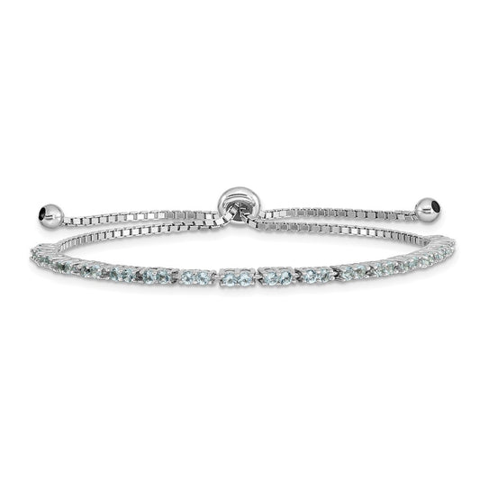Sterling Silver Rhod-Plated March Light Blue Cz Adjustable Bracelet