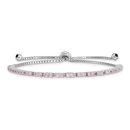 Sterling Silver Rhodium Plated October Pink Cz Adjustable Bracelet