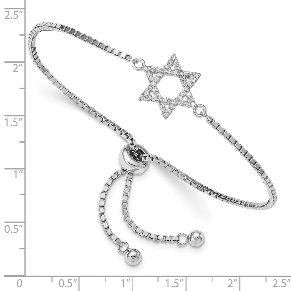 9.75 Inch Sterling Silver Rhodium-Plated Cz Star Of David Adjustable Bracelet