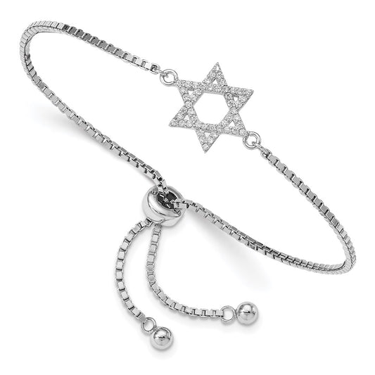 9.75 Inch Sterling Silver Rhodium-Plated Cz Star Of David Adjustable Bracelet