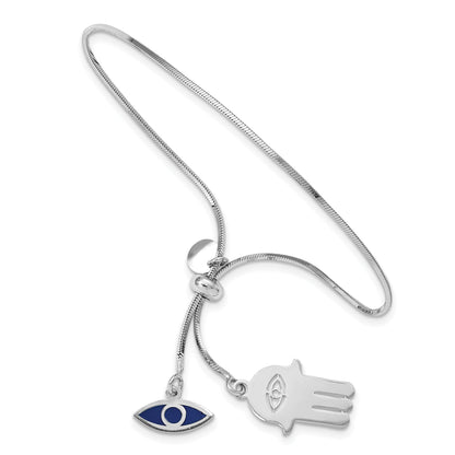 8.5 Inch Sterling Silver Rh-Plated Enamel Eye And Hamsa Adjustable Bracelet