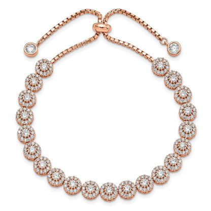10 Inch Sterling Silver Rose-Tone Cz Halo Adjustable Bracelet