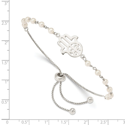 Sterling Silver Hamsa W/ Simulated Pearl Adjustable Bracelet