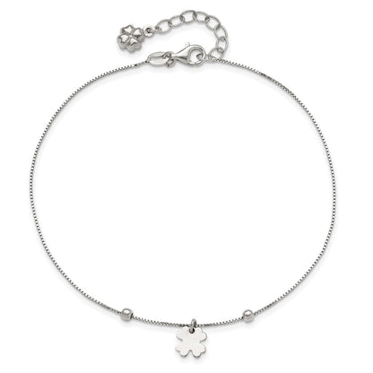 Sterling Silver Rhodium-Plated Clover Dangle 9In W/1In Ext Anklet