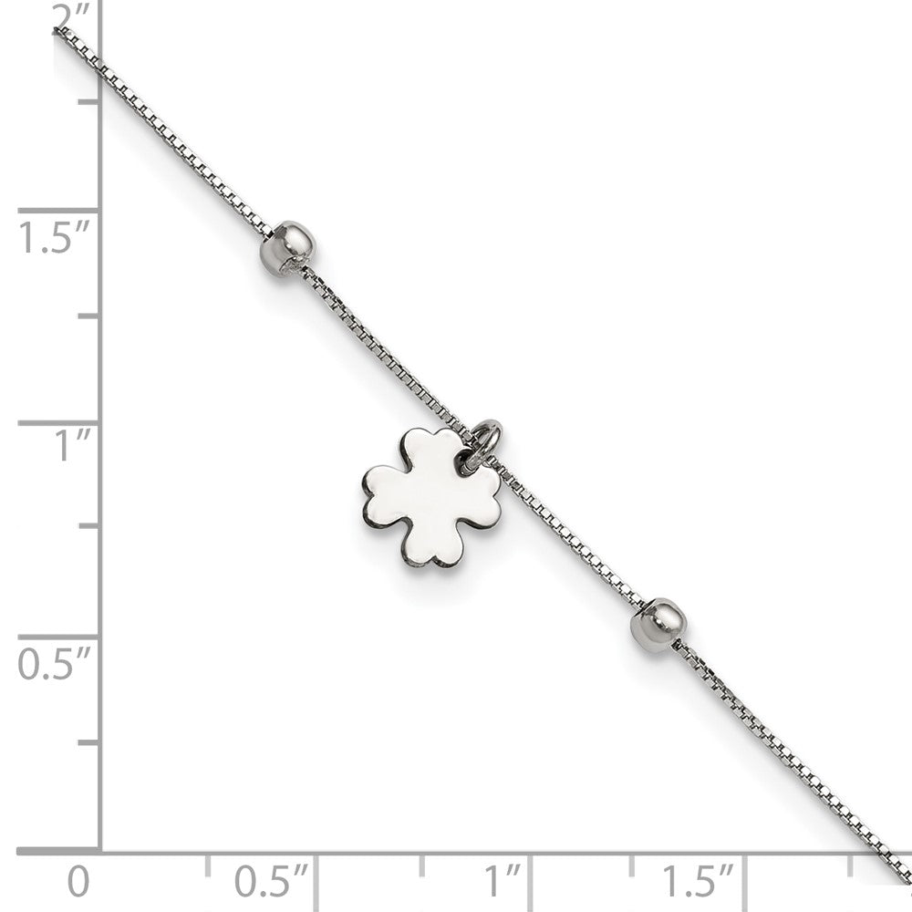 Sterling Silver Rhodium-Plated Clover Dangle 9In W/1In Ext Anklet