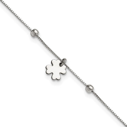 Sterling Silver Rhodium-Plated Clover Dangle 9In W/1In Ext Anklet