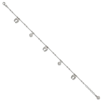 Sterling Silver Rhodium-Plated Clover/Horseshoe Dangle 9In W/1In Ext Anklet