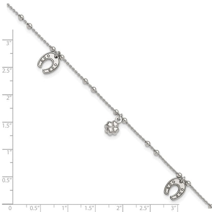 Sterling Silver Rhodium-Plated Clover/Horseshoe Dangle 9In W/1In Ext Anklet
