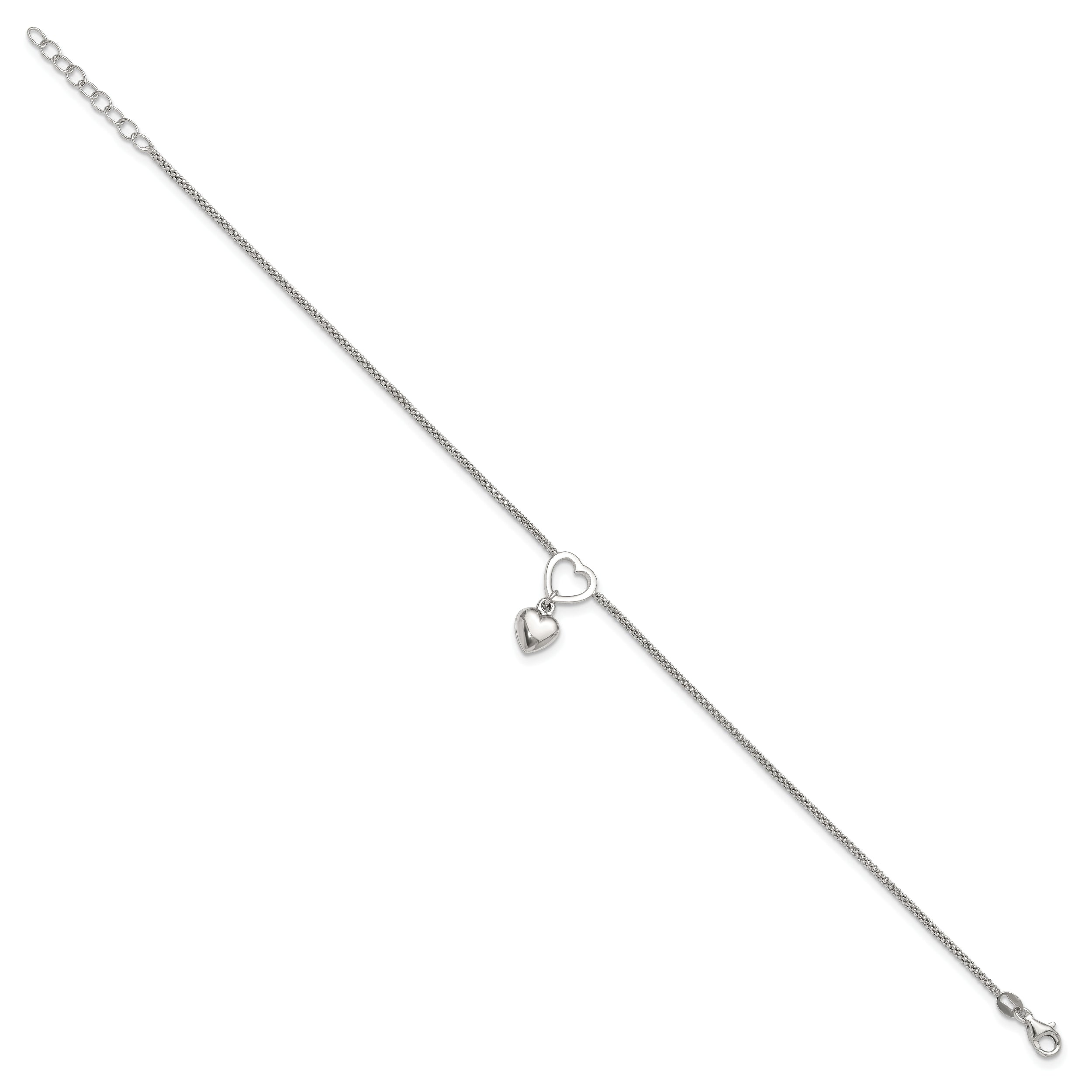 Sterling Silver Rhodium-Plated Heart Dangle Charm 9In W/1In Ext Anklet