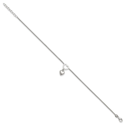Sterling Silver Rhodium-Plated Heart Dangle Charm 9In W/1In Ext Anklet