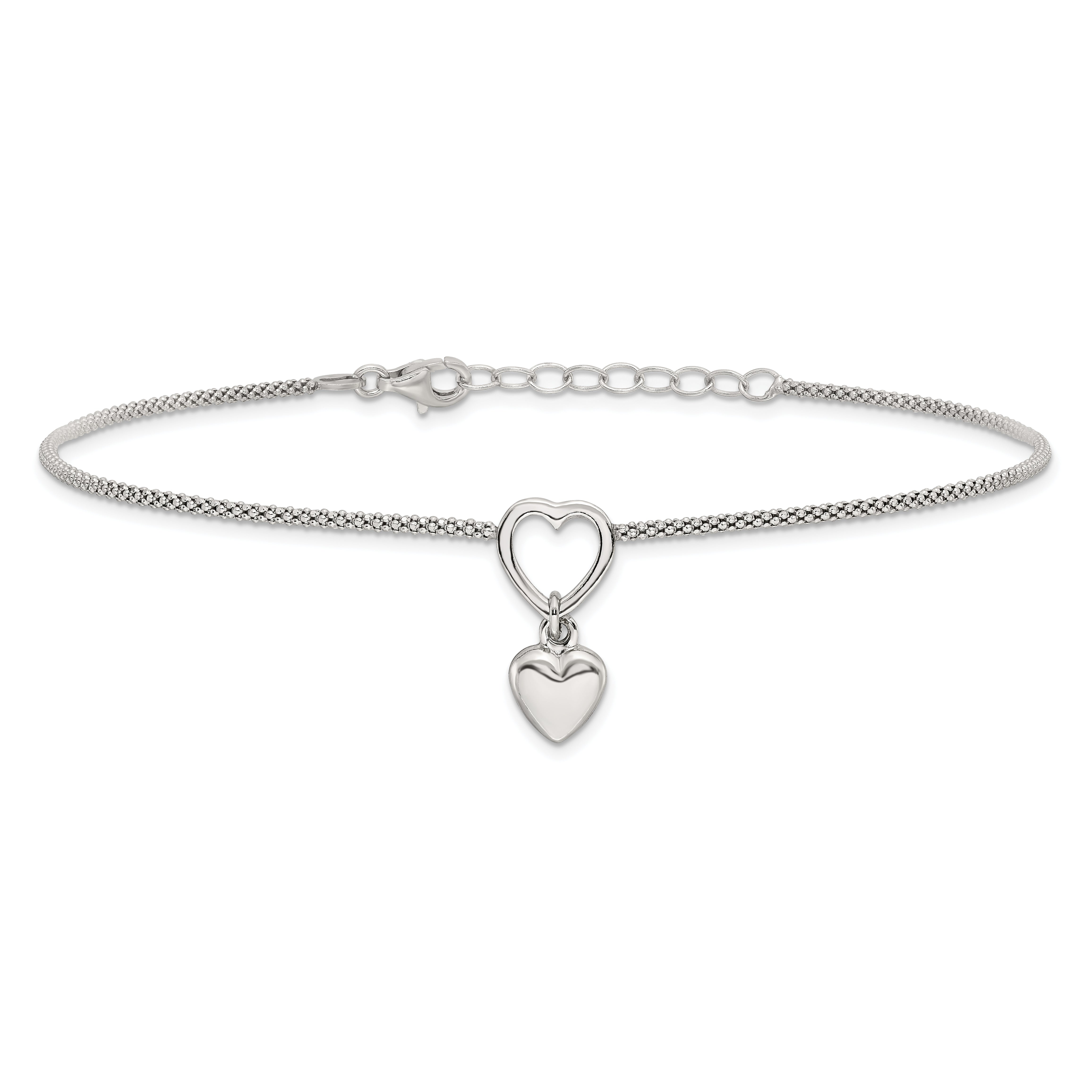 Sterling Silver Rhodium-Plated Heart Dangle Charm 9In W/1In Ext Anklet