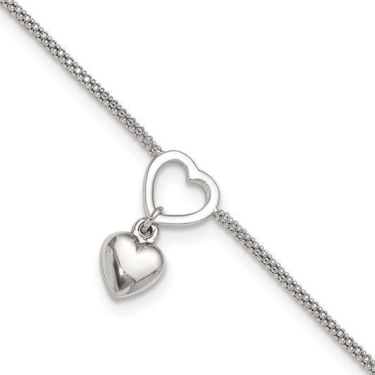 Sterling Silver Rhodium-Plated Heart Dangle Charm 9In W/1In Ext Anklet