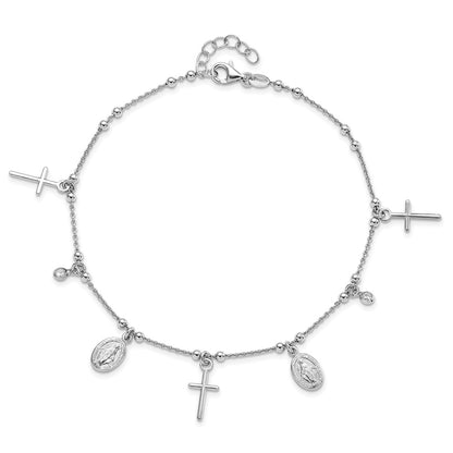 Sterling Silver Rhodium-Plated Cz Cross And Mary Charm 9In W/1In Ext Anklet