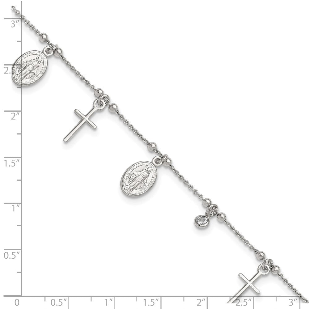 Sterling Silver Rhodium-Plated Cz Cross And Mary Charm 9In W/1In Ext Anklet