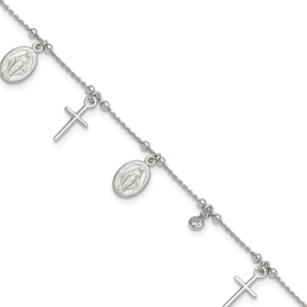 Sterling Silver Rhodium-Plated Cz Cross And Mary Charm 9In W/1In Ext Anklet