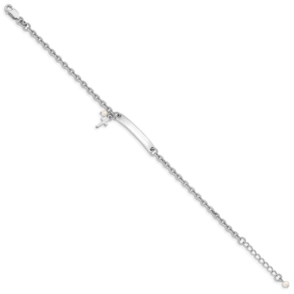 6 Inch Sterling Silver Rh-Plated Cross Syn Pearl 6In Plus1In Ext. Id Bracelet