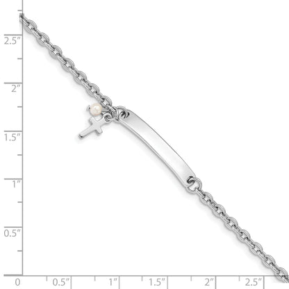 6 Inch Sterling Silver Rh-Plated Cross Syn Pearl 6In Plus1In Ext. Id Bracelet