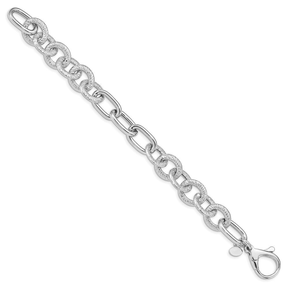 8 Inch Sterling Silver Rhodium Plated Polished Textured Fancy Link Bracelet