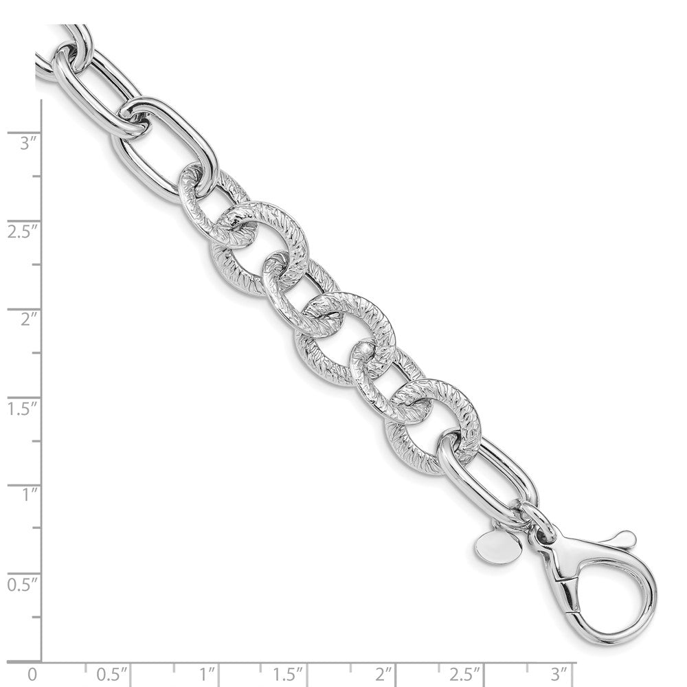 8 Inch Sterling Silver Rhodium Plated Polished Textured Fancy Link Bracelet