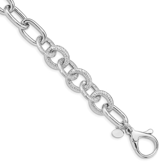 8 Inch Sterling Silver Rhodium Plated Polished Textured Fancy Link Bracelet