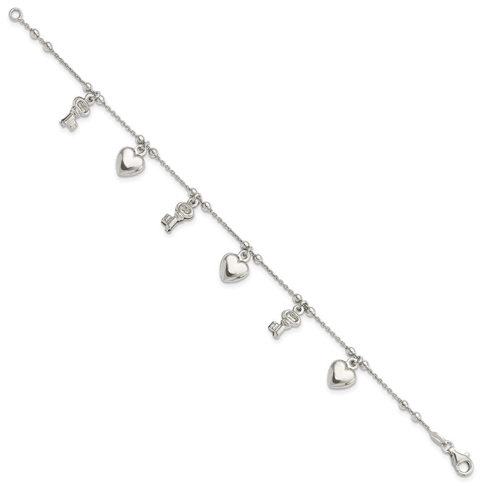 6.75 Inch Sterling Silver Rhodium-Plated Heart And Key Dangle 6.75In Bracelet