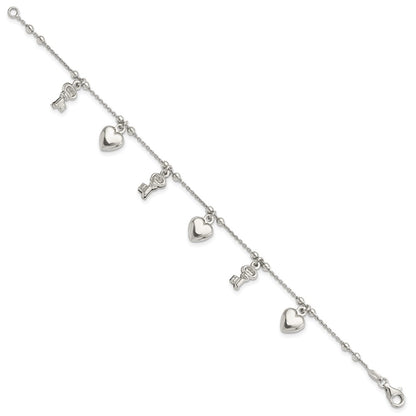 6.75 Inch Sterling Silver Rhodium-Plated Heart And Key Dangle 6.75In Bracelet